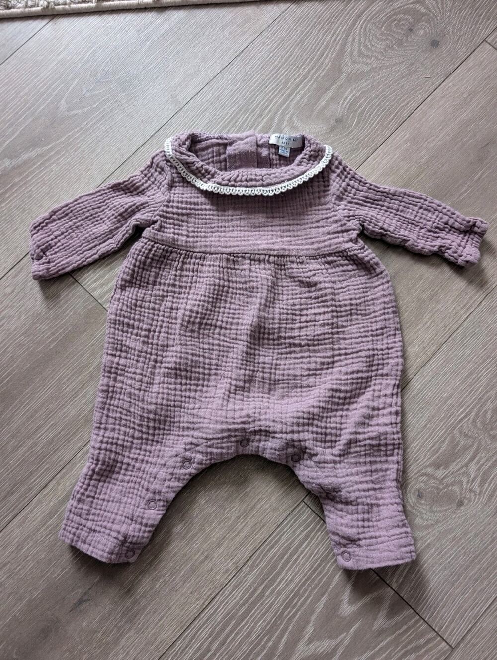 Maison Me Baby Mauve Purple Gauze Muslin Romper Crochet Trim Size 3-6M Cotton